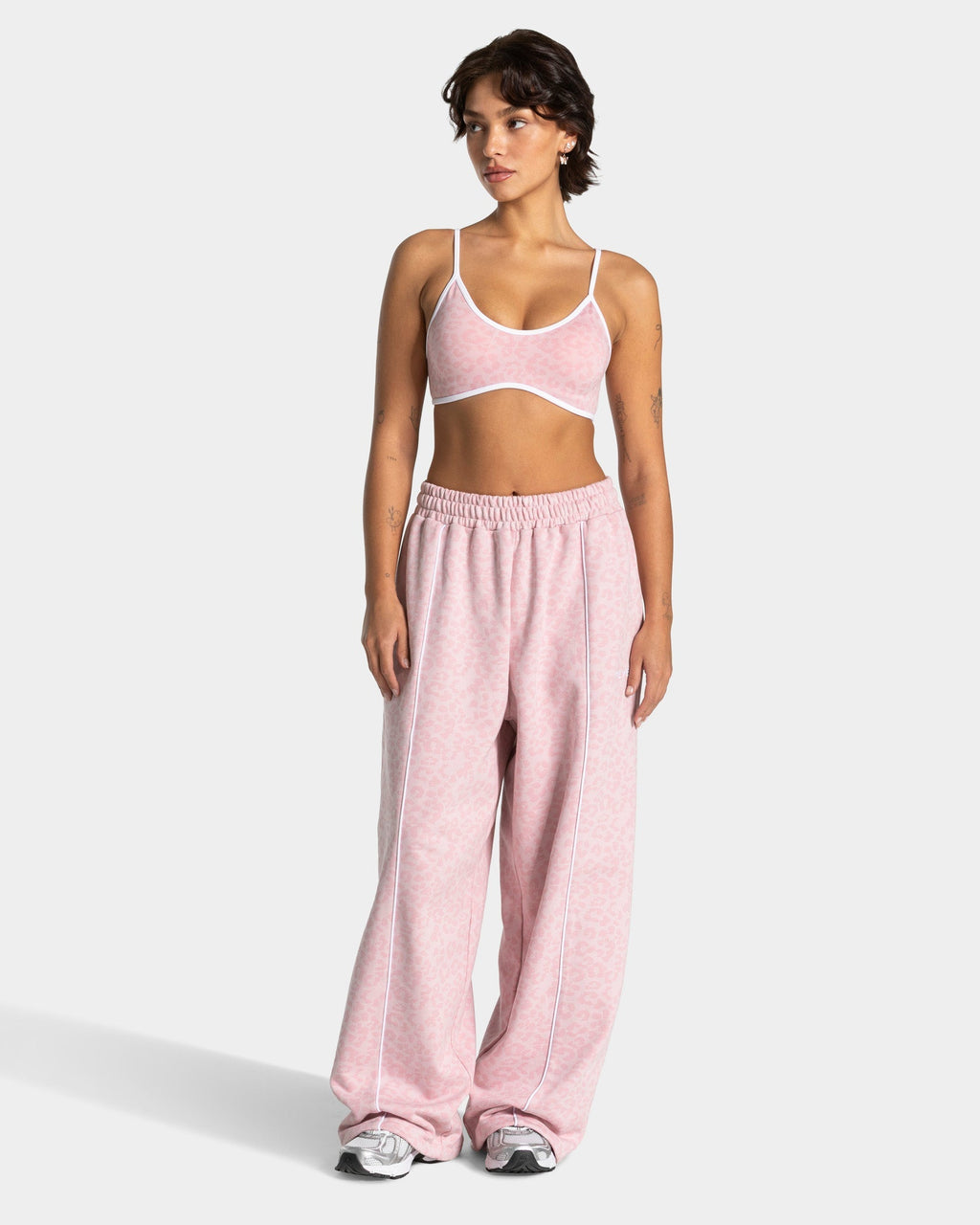 Wide Leg Contrastline Jogging Trousers in ‘Pink Leopard’