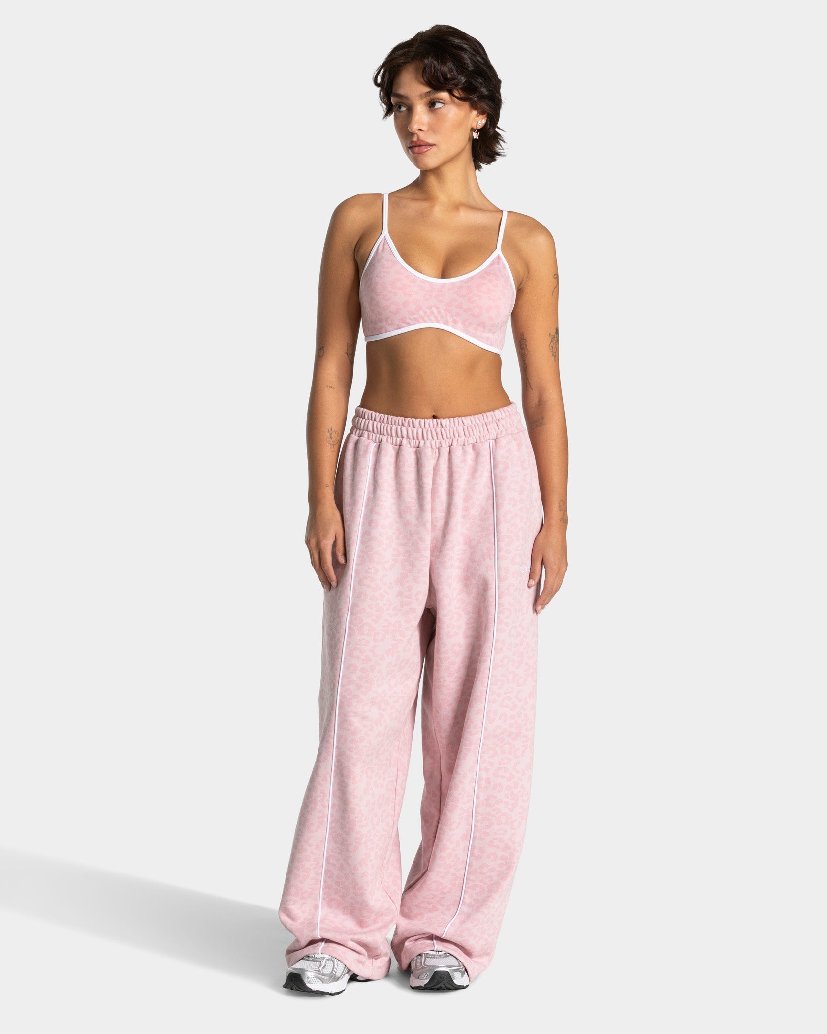 Wide Leg Contrastline Jogging Trousers in ‘Pink Leopard’